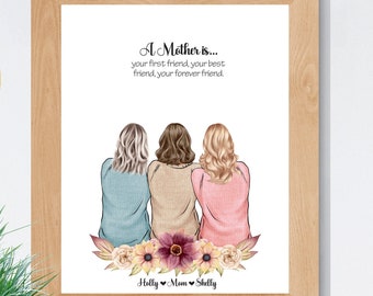 Mom and Daughters Print, Family Portrait, Birthday Gift For Mom, Mother's Day