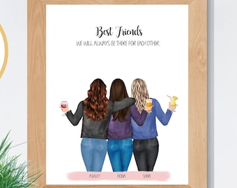 Best Friends Print, Roommates Gift, Custom Present for Girlfriends, Three Friends Print