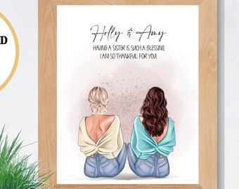 Sisters Print, Custom Gift for Sister, Birthday Gift for Her, Sisters Portrait, Gift from Sister