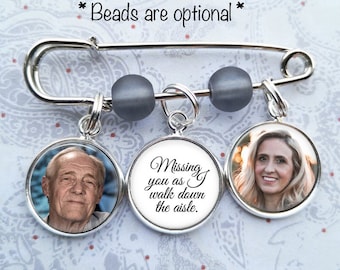 Personalized Memorial Pin, Custom Photo, Boutonniere, Lapel Pin, Bouquet Photo Charm, Missing you as I walk down the aisle