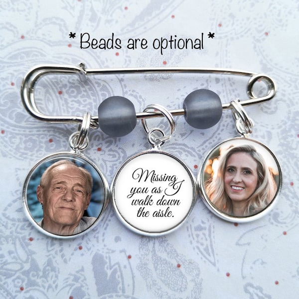 Personalized Memorial Pin, Custom Photo, Boutonniere, Lapel Pin, Bouquet Photo Charm, Missing you as I walk down the aisle
