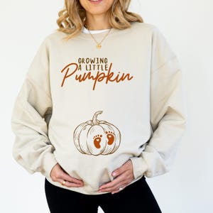 May include: A beige sweatshirt featuring the text "Growing a Little Pumpkin" in brown script. A brown pumpkin graphic with baby footprints is printed on the front. The sweatshirt is a relaxed, casual style.
