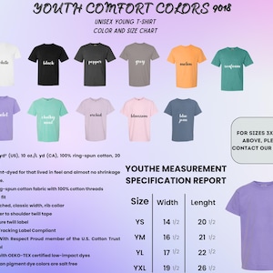 May include: A color chart for unisex young t-shirts, featuring various colors like white, black, and violet. The image includes a measurement specification report with sizes and dimensions in inches. The shirts are made of soft ring-spun cotton.