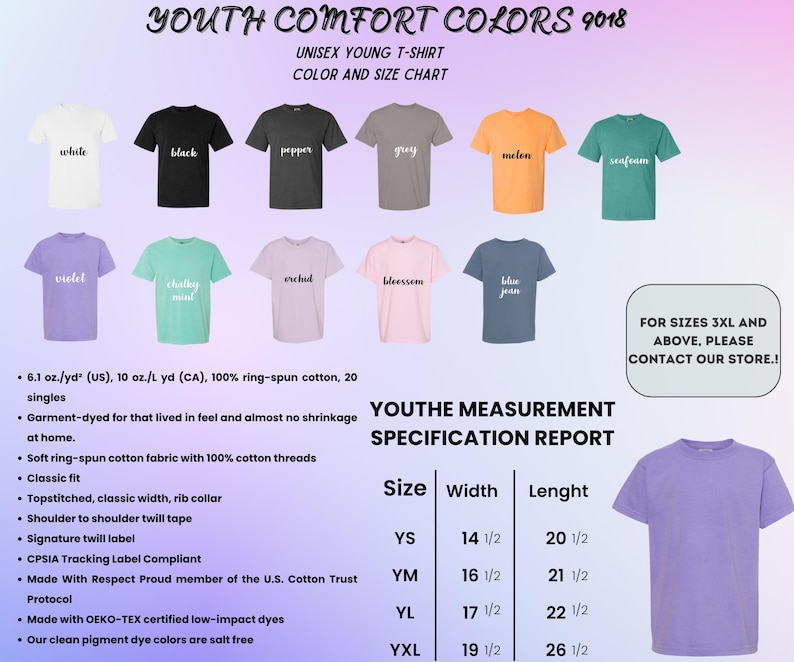 May include: A color chart for unisex young t-shirts, featuring various colors like white, black, and violet. The image includes a measurement specification report with sizes and dimensions in inches. The shirts are made of soft ring-spun cotton.