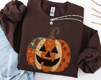 Sweat-shirt d'Halloween citrouille en patchwork, chemise visage citrouille automne rétro, col rond vintage saison effrayante, sweat tenue citrouille automne mignon