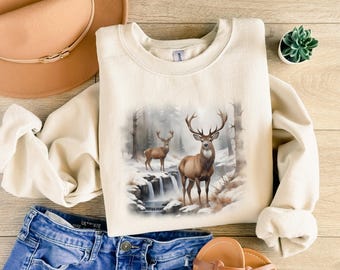 Retro hjortvildmarksscen-tröja, nittiotals vintage hjort- och hjortoutfit Boho 90-tals nostalgi-hoodie, naturlig vildmarkspresent