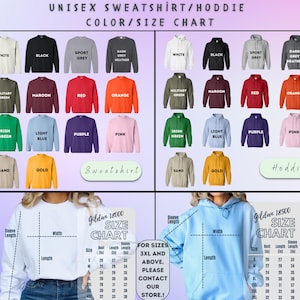 May include: Unisex sweatshirt and hoodie color and size chart. The chart shows different colors of sweatshirts and hoodies, including white, black, sport grey, dark grey heather, military green, maroon, red, orange, Irish green, light blue, purple, pink, sand, and gold. The chart also includes a size chart for Gildan 18000 sweatshirts and Gildan 18500 hoodies. The size chart shows the bust, length, sleeve length, and width measurements for sizes S, M, L, XL, 2XL, 3XL, and 4XL.