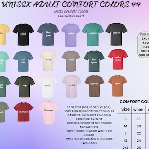 May include: A color chart of unisex adult Comfort Colors t-shirts in various hues, including butter, black, and blue jean. The chart displays the color names and size measurements in inches. The shirts are made of ring-spun cotton.