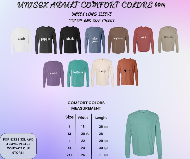 May include: A color chart for unisex long-sleeve shirts. The chart displays various shirt colors, including white, black, blue jean, and violet. A size chart is also included, with measurements in inches for width and length.