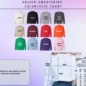 Op de afbeelding: Unisex sweatshirt kleur- en maattabel met een verscheidenheid aan kleuren, waaronder wit, zwart, sport grijs, donker grijs melange, zand, donkerrood, rood, oranje, Iers groen, lichtblauw, paars en lichtroze. De tabel bevat de Gildan 18000 maattabel met metingen in inches voor borst, lengte en mouwlengte.