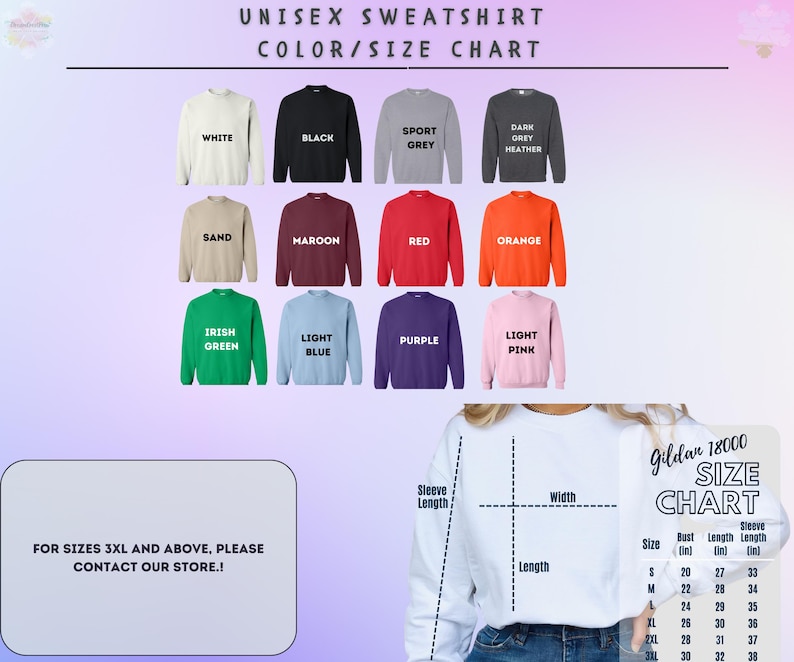 Op de afbeelding: Unisex sweatshirt kleur- en maattabel met een verscheidenheid aan kleuren, waaronder wit, zwart, sport grijs, donker grijs melange, zand, donkerrood, rood, oranje, Iers groen, lichtblauw, paars en lichtroze. De tabel bevat de Gildan 18000 maattabel met metingen in inches voor borst, lengte en mouwlengte.