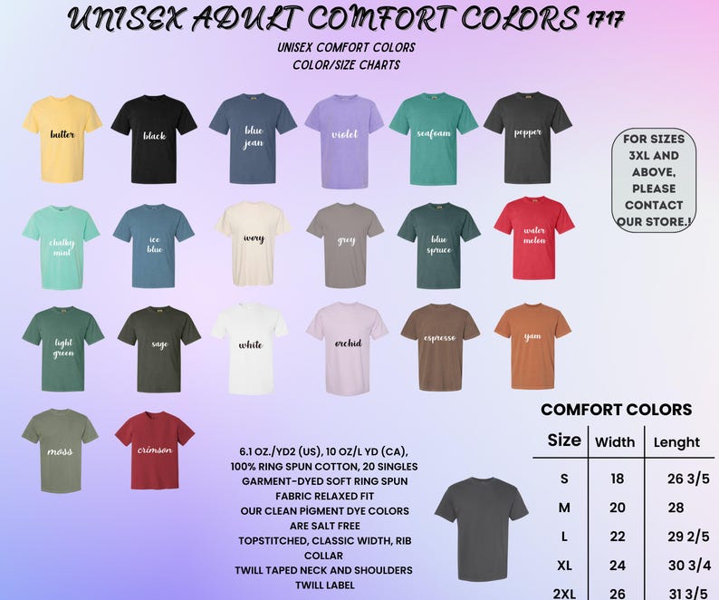Pu&ograve; includere: Esposizione di magliette unisex Comfort Colors in vari colori, tra cui burro, nero e blu jeans. L'immagine include una tabella delle taglie con misure in centimetri.
