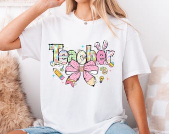 Easter Teacher Cute Coquette Bow Bunny Shirt, Teacher Easter T-Shirt, Teacher Appreciation Gift, Spring School Teacher Tee,Easter Day Shirt