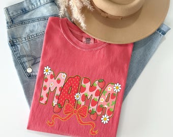 Comfort Colors® Mama Strawberry T-Shirt, Coquette Bow Shirt, Strawberry Shirt, Mama Shirt, Mother's Day Gift, Cute Strawberry Bow Shirt