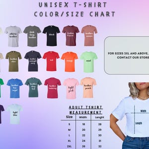 Op de afbeelding: Unisex t-shirt kleur- en maattabel met 24 verschillende kleuropties. De tabel toont de maatmetingen in inches voor de maten S, M, L, XL en 2XL.  VOOR MATEN 3XL EN HOGER, NEEM CONTACT OP MET ONZE WINKEL!