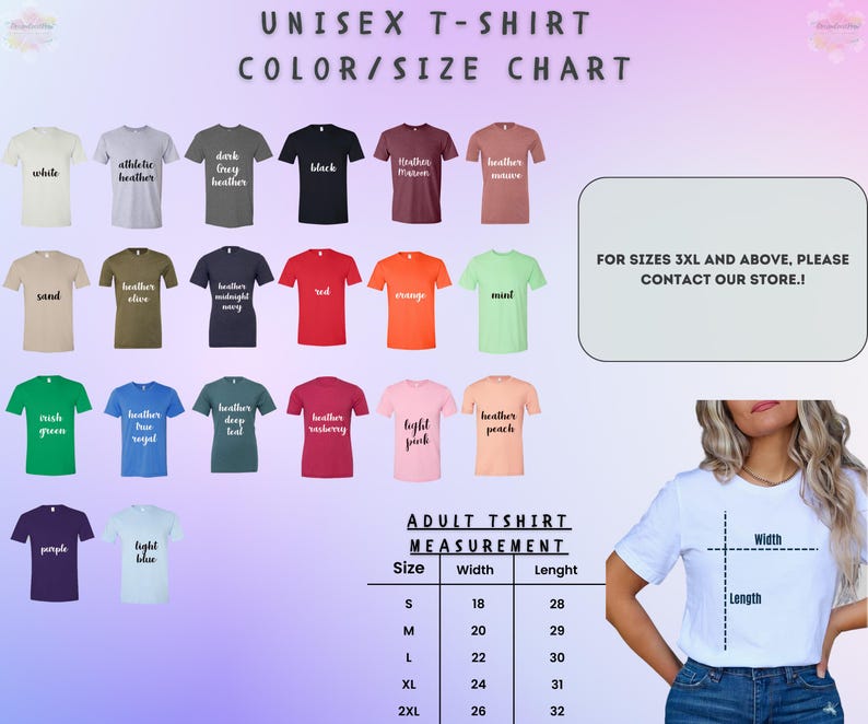 Op de afbeelding: Unisex t-shirt kleur- en maattabel met 24 verschillende kleuropties. De tabel toont de maatmetingen in inches voor de maten S, M, L, XL en 2XL.  VOOR MATEN 3XL EN HOGER, NEEM CONTACT OP MET ONZE WINKEL!