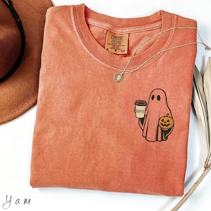 Comfort Colors® Сute Little Ghost Coffee t-shirt, Cute Boo Ghost t-shirt, ghost coffee Shirt,Vintage Halloween, Halloween Coffee Lovers