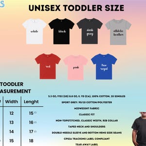 Op de afbeelding: Unisex-maattabel voor peuters met maten in inches voor verschillende maten. De tabel bevat een beschrijving van de stof en de pasvorm. De tabel wordt weergegeven op een roze, blauwe en gele achtergrond.