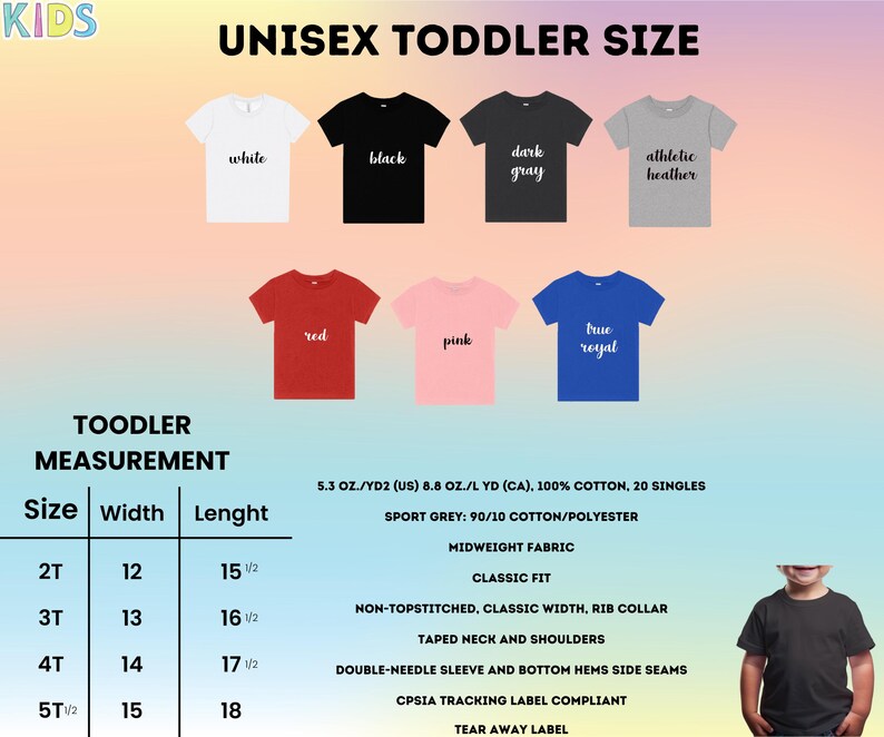 Op de afbeelding: Unisex-maattabel voor peuters met maten in inches voor verschillende maten. De tabel bevat een beschrijving van de stof en de pasvorm. De tabel wordt weergegeven op een roze, blauwe en gele achtergrond.