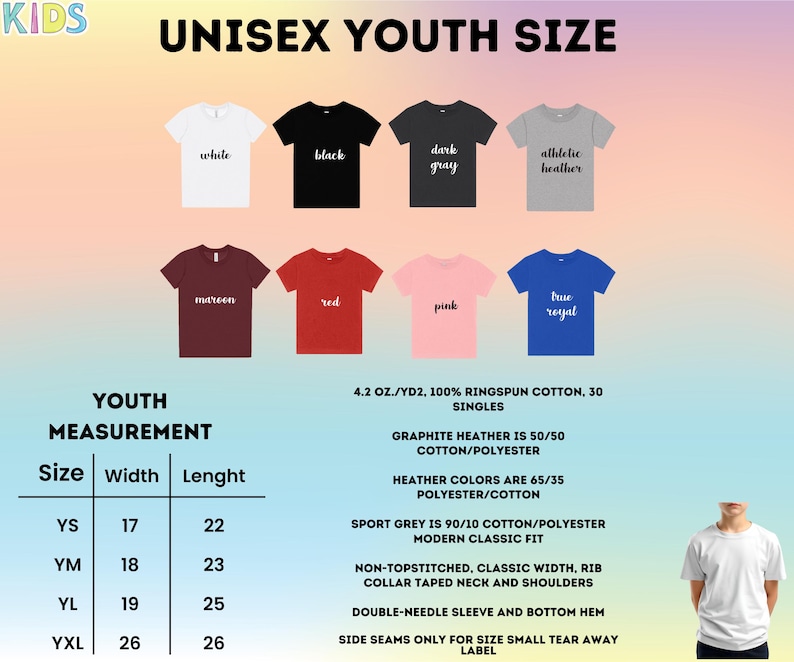 Op de afbeelding: Unisex jeugd t-shirt maattabel met metingen in inches. De tabel toont de breedte en lengte van de shirts in de maten YS, YM, YL en YXL. De tabel bevat ook informatie over de stofsamenstelling en de pasvorm van de shirts.