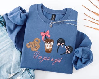 Disney Cake Bow Coffee Girly Sweatshirt, I'm Just a Girl Pastel Pullover, Magic Kingdom Fairytale Style, Coquette Aesthetic for Girls