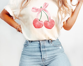 Comfort Colors®Coquette Cherry and Bow Shirt, Aesthetic Cherry Shirt, Cute Ribbon Shirt, Soft Girl Era Shirt, Aesthetic Cherries Shirts y2k