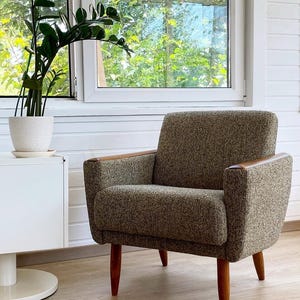 Mid-Century Modern Armchair with Wooden Armrests in Textured Brown Fabric