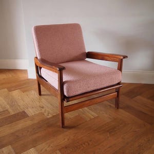 1960s Danish Style Lounge Chair | Pink Bouclé Upholstery & Teak Frame | Mid-Century Modern