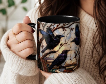 Bookish Raven Stained Glass Mug | Gothic Library Coffee Cup