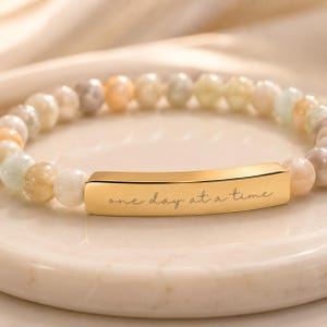 Personalized Affirmation Bracelet – Natural Stone, Engraved Bar, Motivational Jewelry