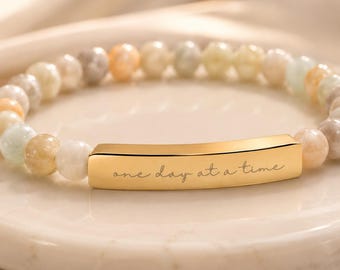 Personalized Affirmation Bracelet – Natural Stone, Engraved Bar, Motivational Jewelry