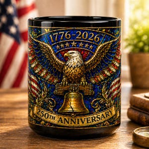 May include: Black ceramic mug with a stained-glass design featuring a bald eagle, the Liberty Bell, and the text "1776-2026 250th Anniversary." The mug has a patriotic theme with red, white, and blue colors.