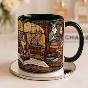 Stained Glass Cat Bookish Mug, Literary Coffee Cup immagine 1
