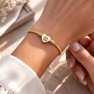 Twin Mom Heart Cuff Bracelet – Engraved Stainless Steel Cable Bangle