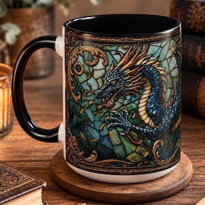 Dragon Stained Glass Art Coffee Mug, Fantasy Bookish Cup