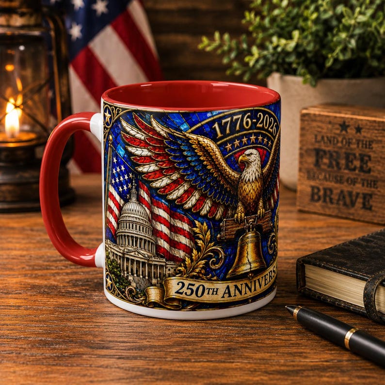 1776-2026 America 250th Anniversary Mug, We The People Patriotic Mug, USA Coffee Cup, Black Dad Gift, Stained Glass Effect 15oz Mug Red Accent