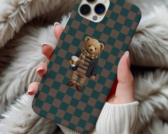 Teddy Bear Phone Case, Checkered iPhone Case, Coffee Lover Gift, Cute Preppy Phone Case, Samsung Galaxy Cover