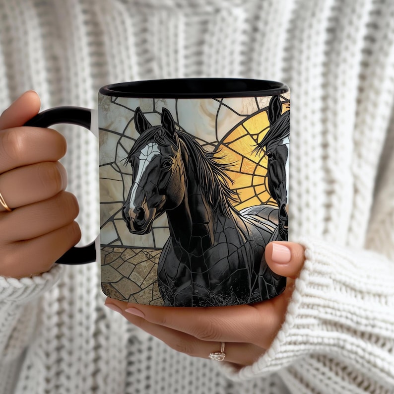 May include: Black coffee mug featuring a detailed illustration of a black horse with a white blaze, set against a stained-glass style background. The mug has a black handle and rim, and the design showcases equine art.