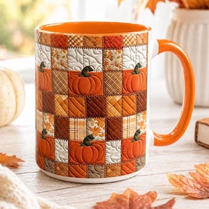 Autumn Pumpkin Mug: Rustic Patchwork Thanksgiving Coffee Cup