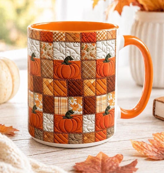 Autumn Pumpkin Mug: Rustic Patchwork Thanksgiving Coffee Cup