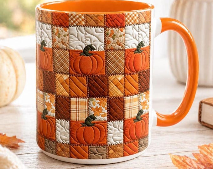 Autumn Pumpkin Mug: Rustic Faux Patchwork Thanksgiving Coffee Cup