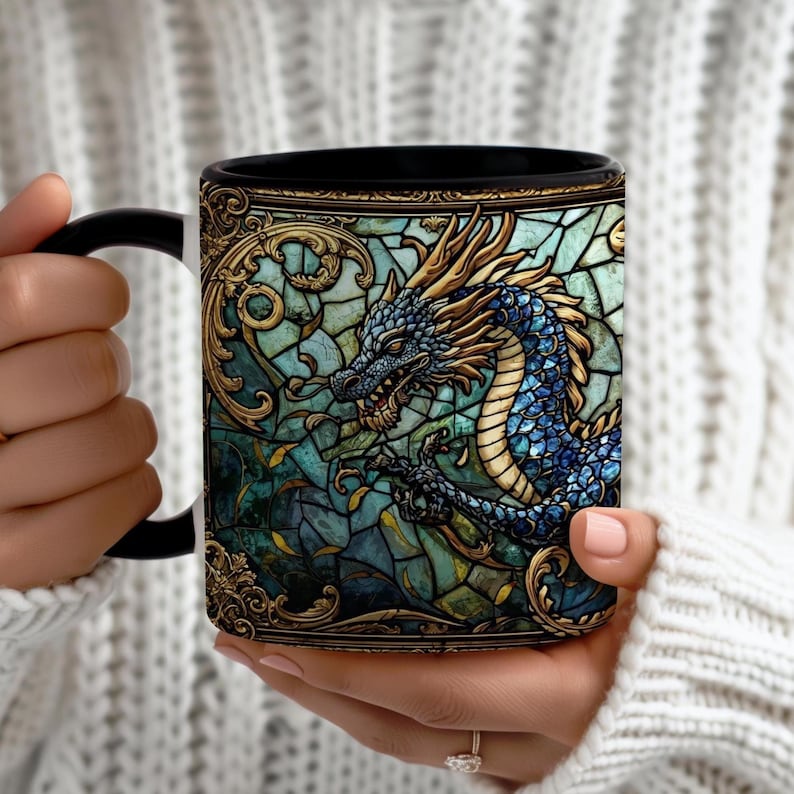 Dragon Stained Glass Art Coffee Mug, Fantasy Bookish Cup image 3