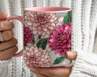 November Birth Flower Chrysanthemum Mug, Pink Stained Glass Coffee Cup, Elegant Pom-Pom Floral Mug