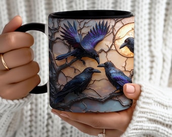 May include: Black ceramic mug featuring a design of three ravens perched on a tree branch, with a fourth raven in the background. The ravens have iridescent purple and blue feathers. The mug has a black handle and interior.