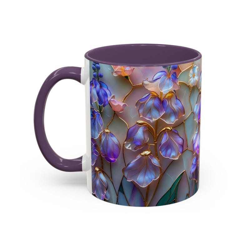 July Birth Flower Larkspur Mug, Iridescent Stained Glass Floral Coffee Cup, Personalized Birthday Gift, Elegant Botanical Art Mug image 9