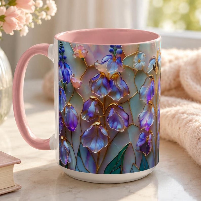 July Birth Flower Larkspur Mug, Iridescent Stained Glass Floral Coffee Cup, Personalized Birthday Gift, Elegant Botanical Art Mug image 4