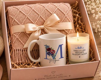 Book lover gift box, Personalized Candle with Mug & Blanket Gift Set