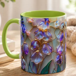 July Birth Flower Larkspur Mug, Iridescent Stained Glass Floral Coffee Cup, Personalized Birthday Gift, Elegant Botanical Art Mug image 5