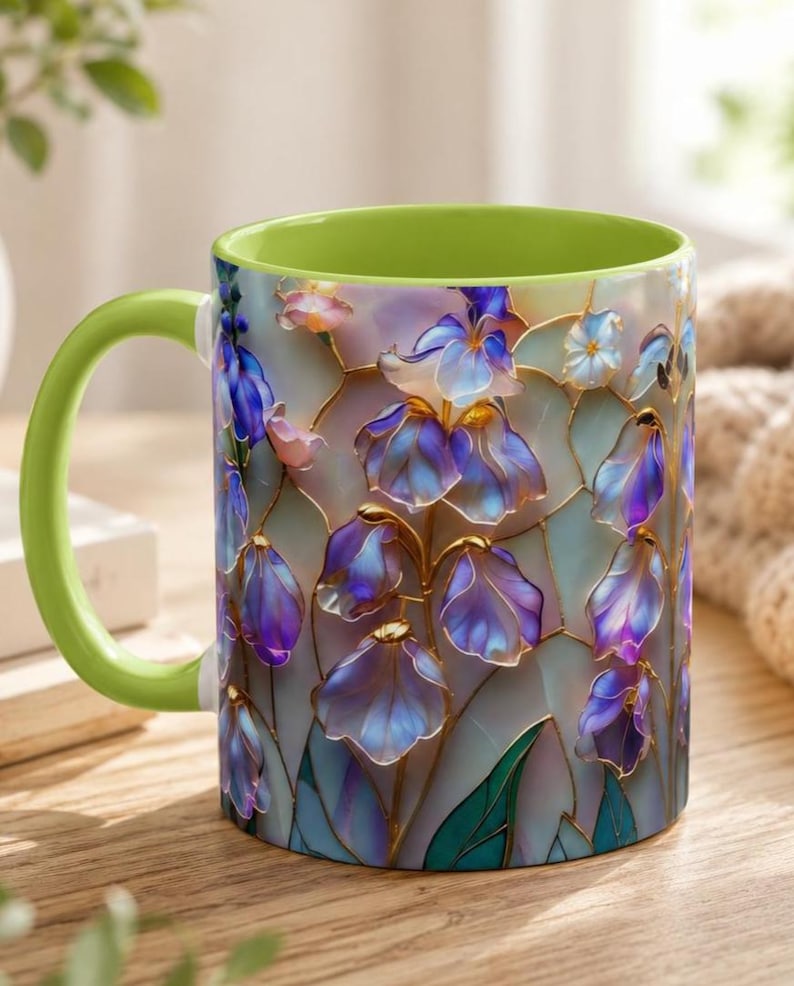 July Birth Flower Larkspur Mug, Iridescent Stained Glass Floral Coffee Cup, Personalized Birthday Gift, Elegant Botanical Art Mug image 5