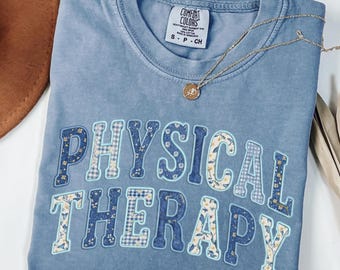Physical Therapy Shirt | Blue Floral Gingham Patchwork Quilt Style Tee